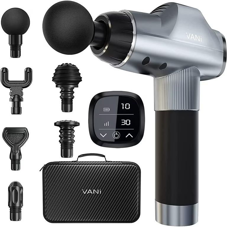 Deep Tissue Massage Gun for Pain Relief & Muscle Recovery – Handheld Percussion Massager with 6 Speeds & Multiple Heads.