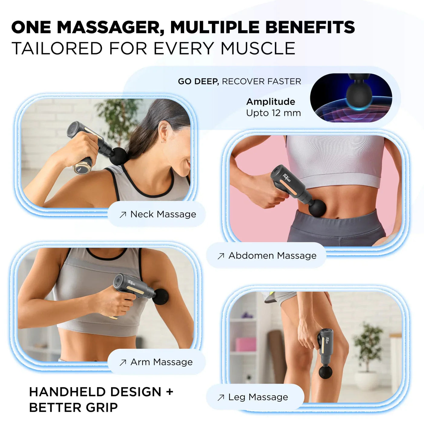 Deep Tissue Massage Gun for Pain Relief & Muscle Recovery – Handheld Percussion Massager with 6 Speeds & Multiple Heads.