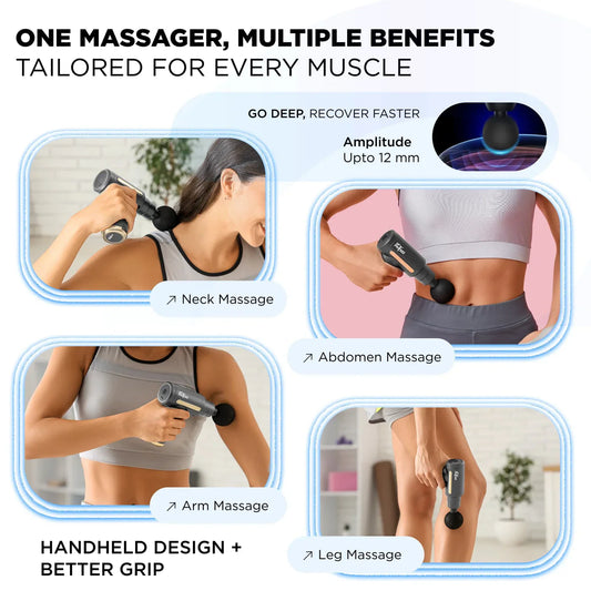 Deep Tissue Massage Gun for Pain Relief & Muscle Recovery – Handheld Percussion Massager with 6 Speeds & Multiple Heads.